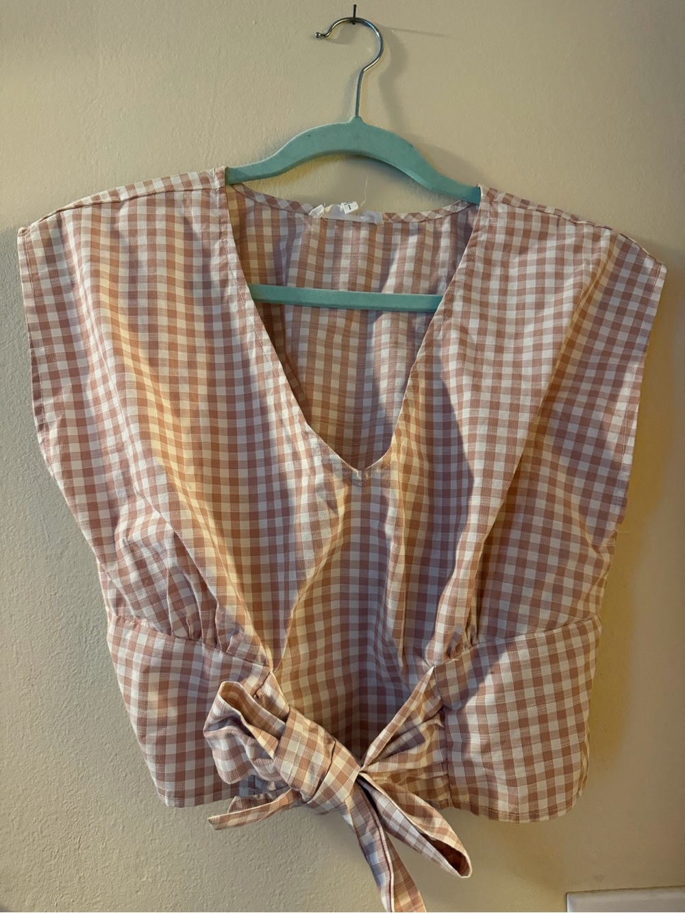 june & hudson Pink and Cream Gingham Tie-Front Crop Top